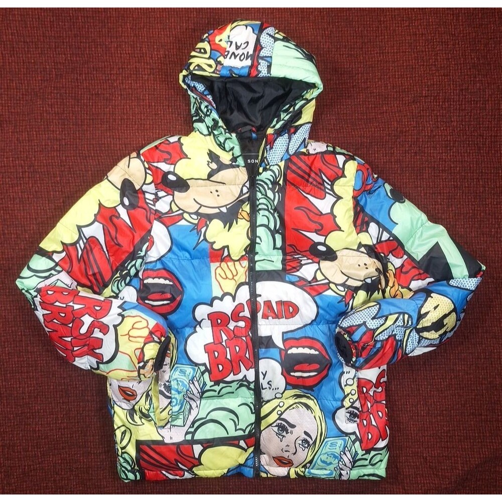 Reason Brand Money Talks Comic Puffer Jacket Hooded Full Zip Multicolor Men's M